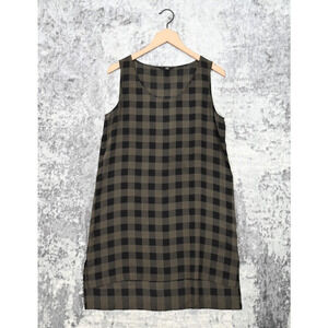 Eileen Fisher Dress Small Womens Silk Olive Green Buffalo Check Plaid Sleeveless